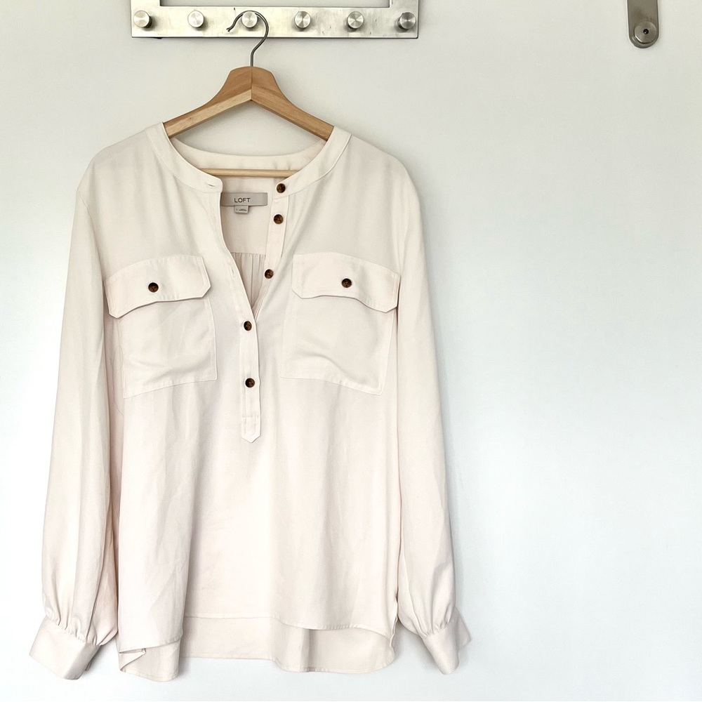 LOFT Crepe Utility Blouse - Cream, Size L